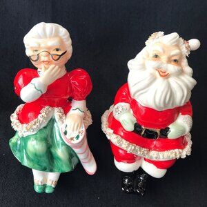 Lefton Spaghetti Trim Santa & Mrs Claus Shelf Sitters - set of 2